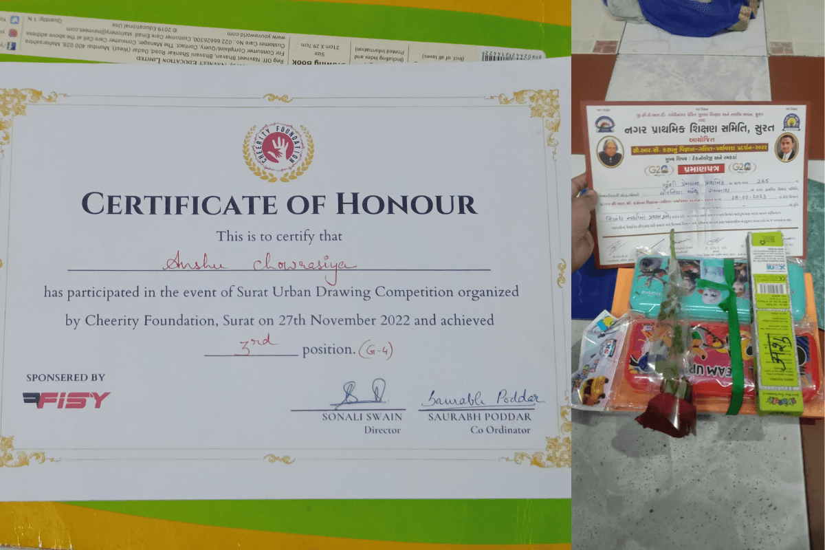 Anshu's achievement in drawing and essay writing competition